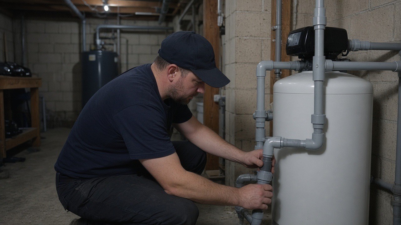 Plumber connecting PVC pipes to a water softener tank in a basement