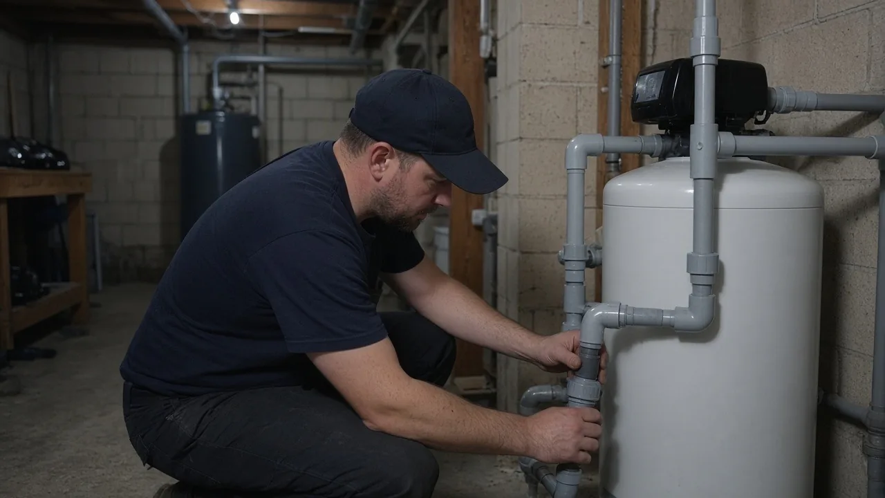 Plumber connecting PVC pipes to a water softener tank in a basement