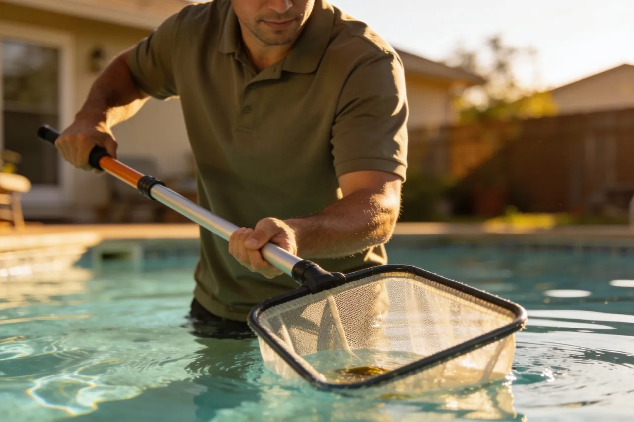 Pool service owner skimming a residential backyard swimming pool