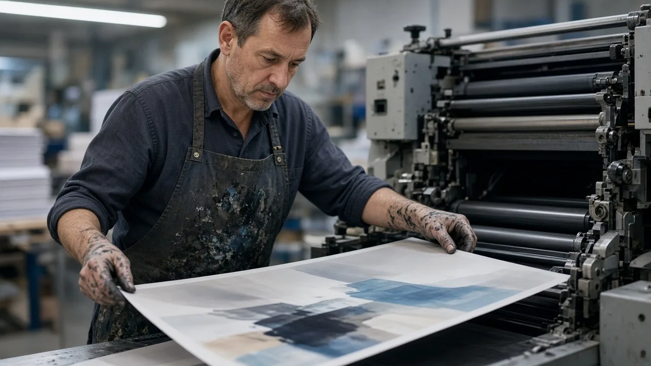 Print shop owner checking a fresh sheet coming off an offset press
