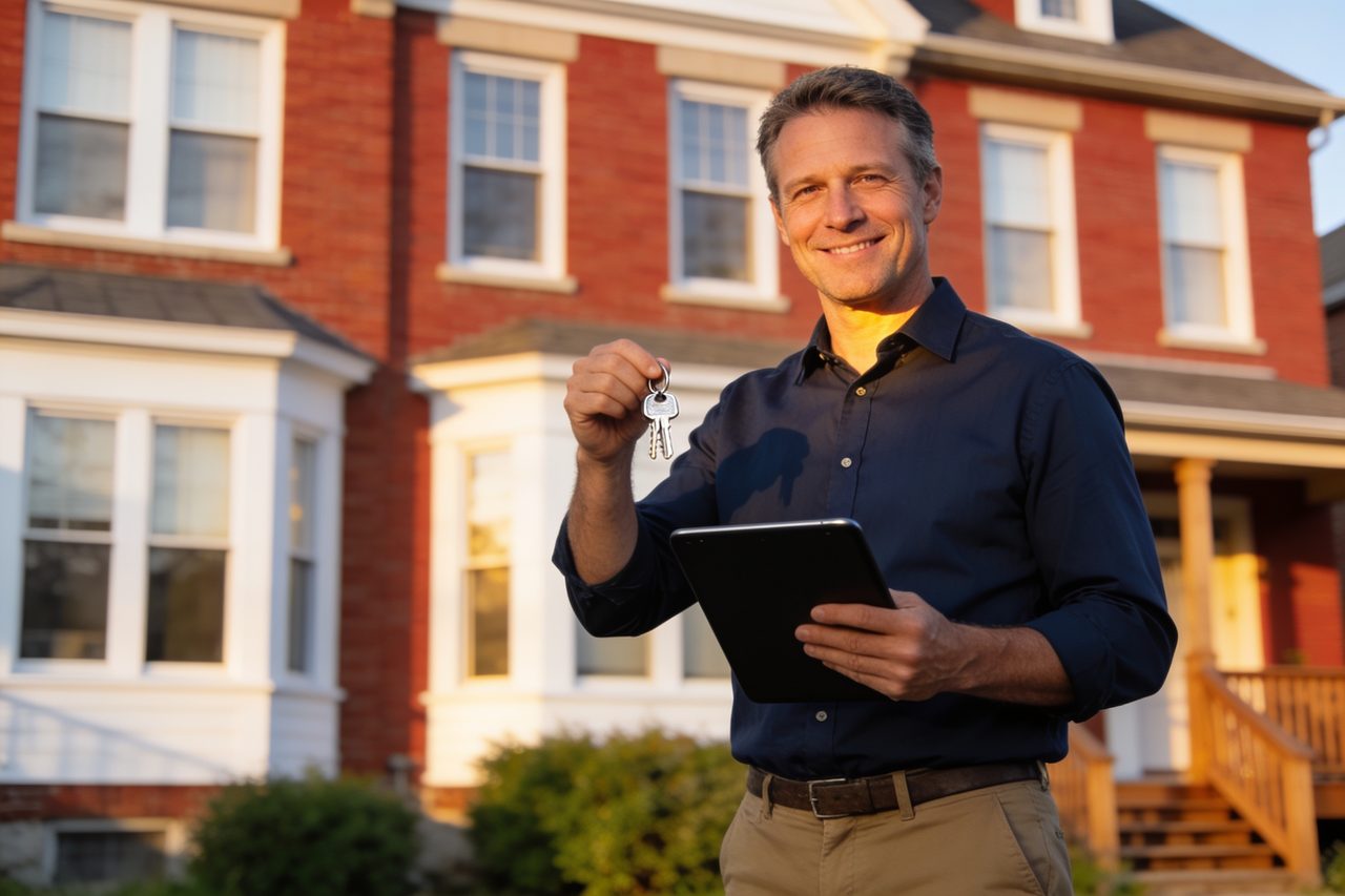 Property manager reviewing a maintenance request with a team member in an office - property management business funding for operations and growth
