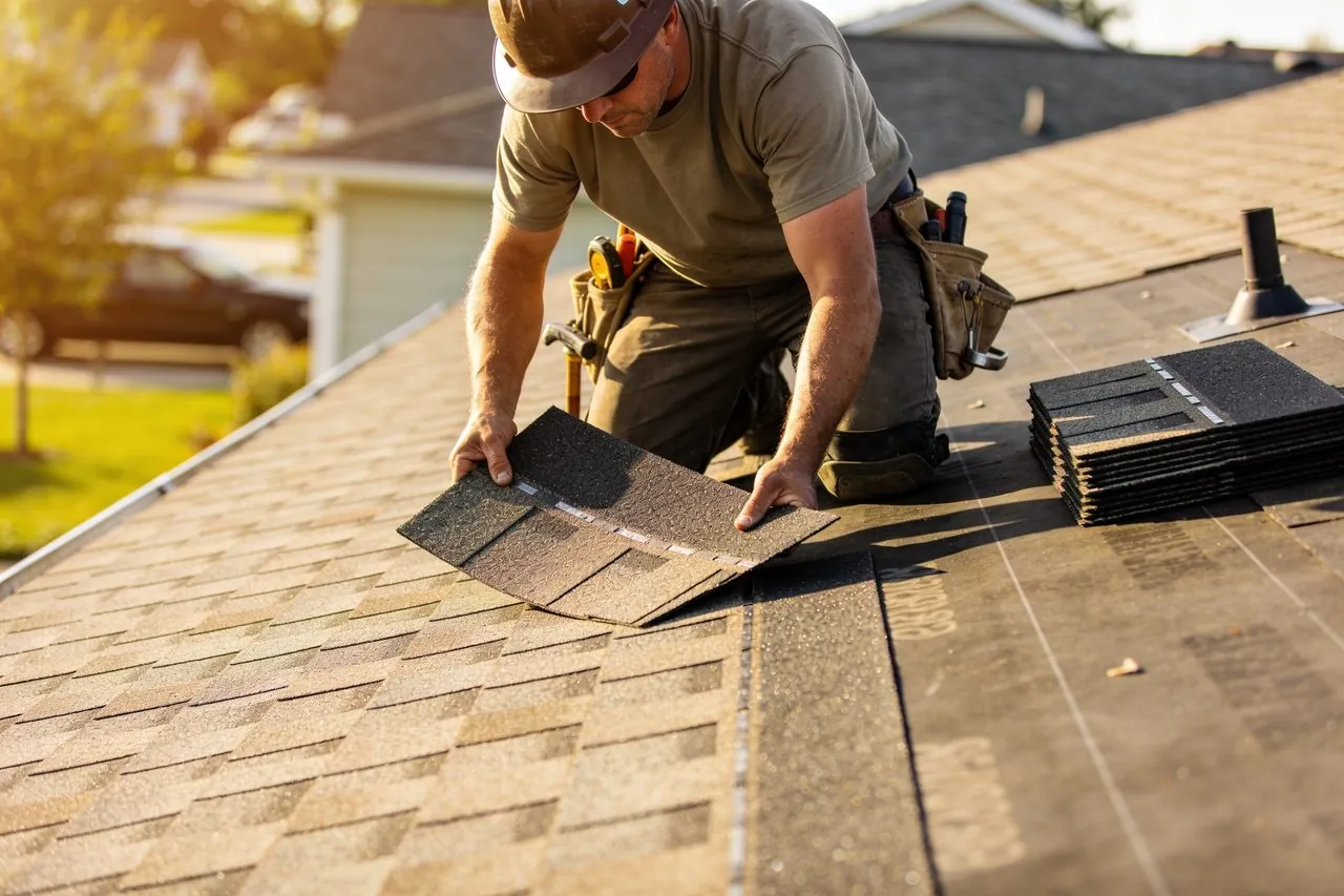 Roofing contractor installing shingles on a residential roof