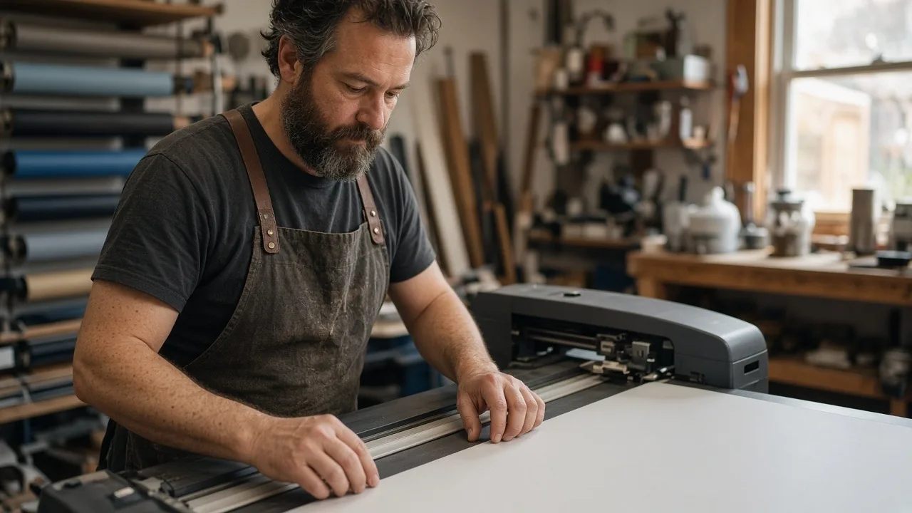 Sign shop owner feeding blank vinyl through a cutter in his workshop