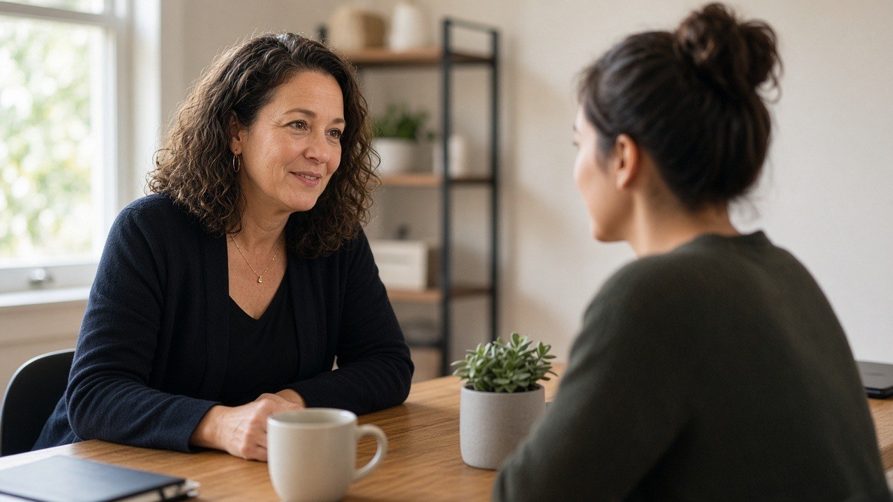Staffing agency owner interviewing a job seeker across a desk