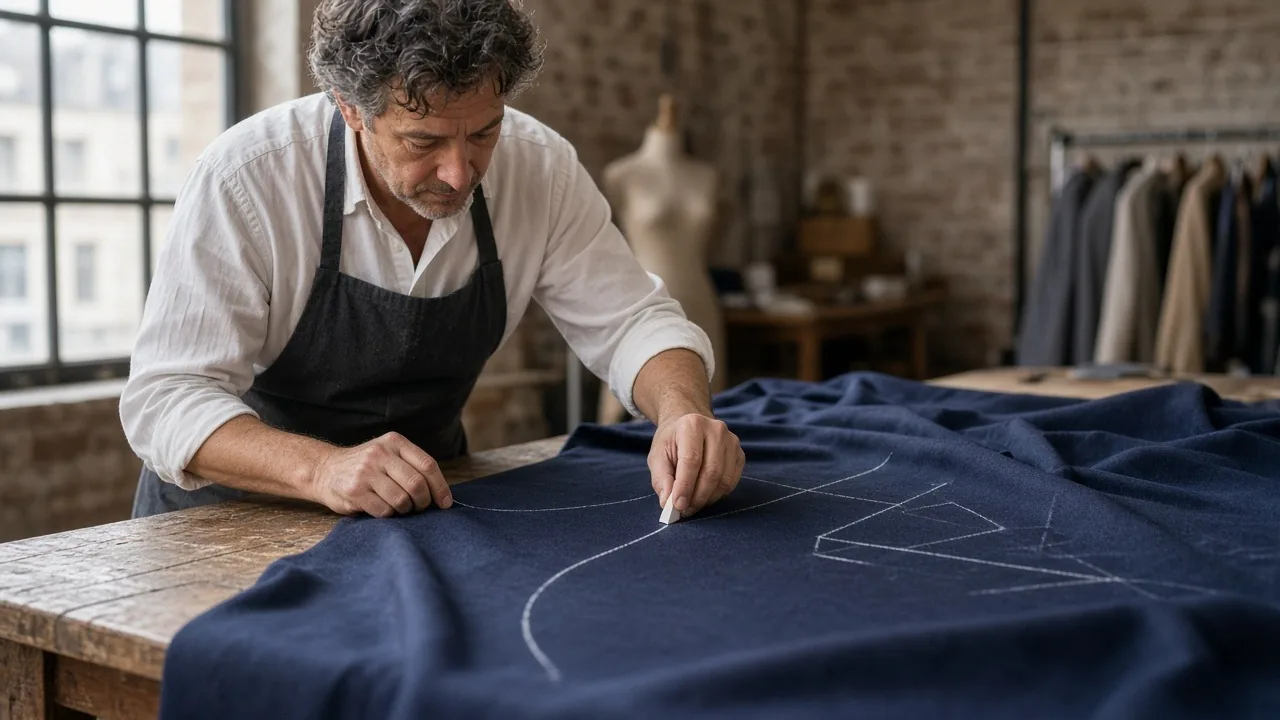 Tailor in a dark apron marking a navy wool suit pattern with tailor's chalk on a wooden cutting table, with a dress form and a rail of jackets behind him