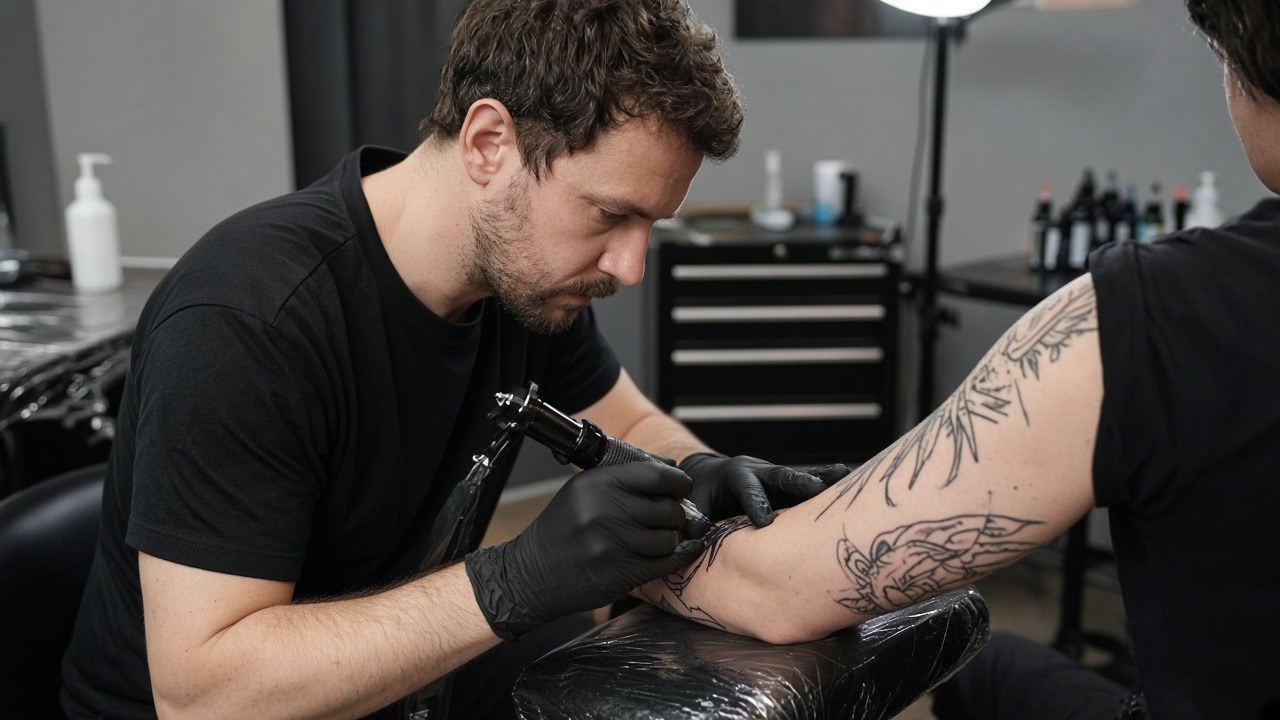 Tattoo artist inking a client's forearm in the studio