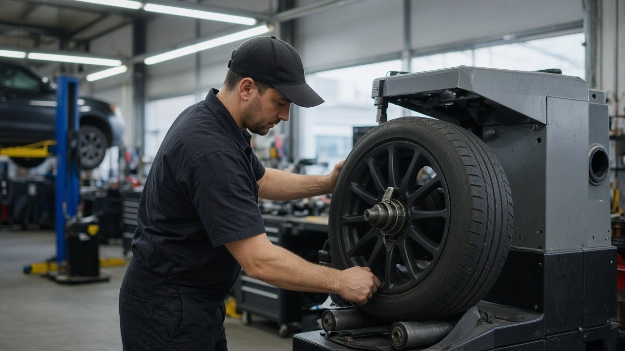 Tire shop technician mounting a wheel on a balancing machine