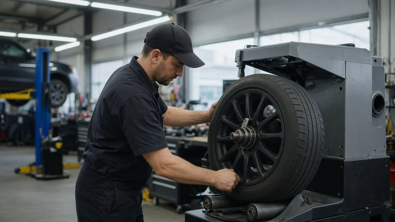 Tire shop technician mounting a wheel on a balancing machine