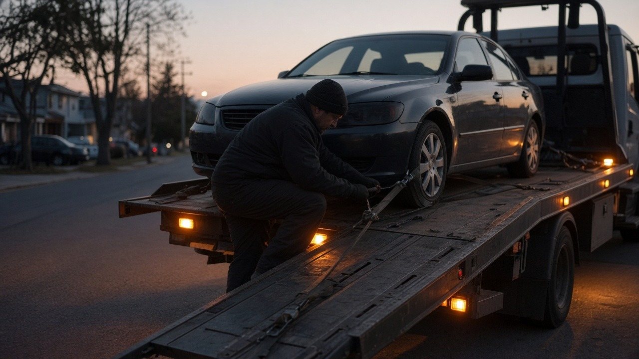 Tow operator strapping a sedan's wheel onto a flatbed tow truck