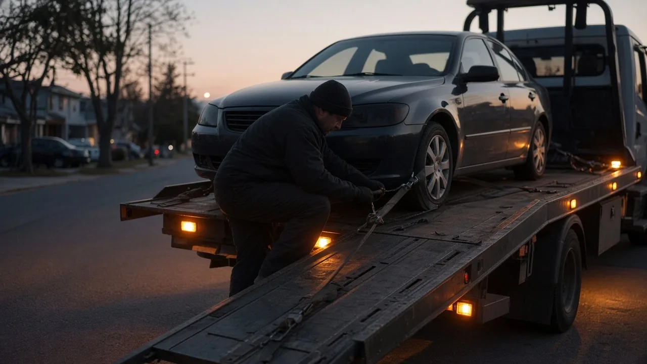 Tow operator strapping a sedan's wheel onto a flatbed tow truck