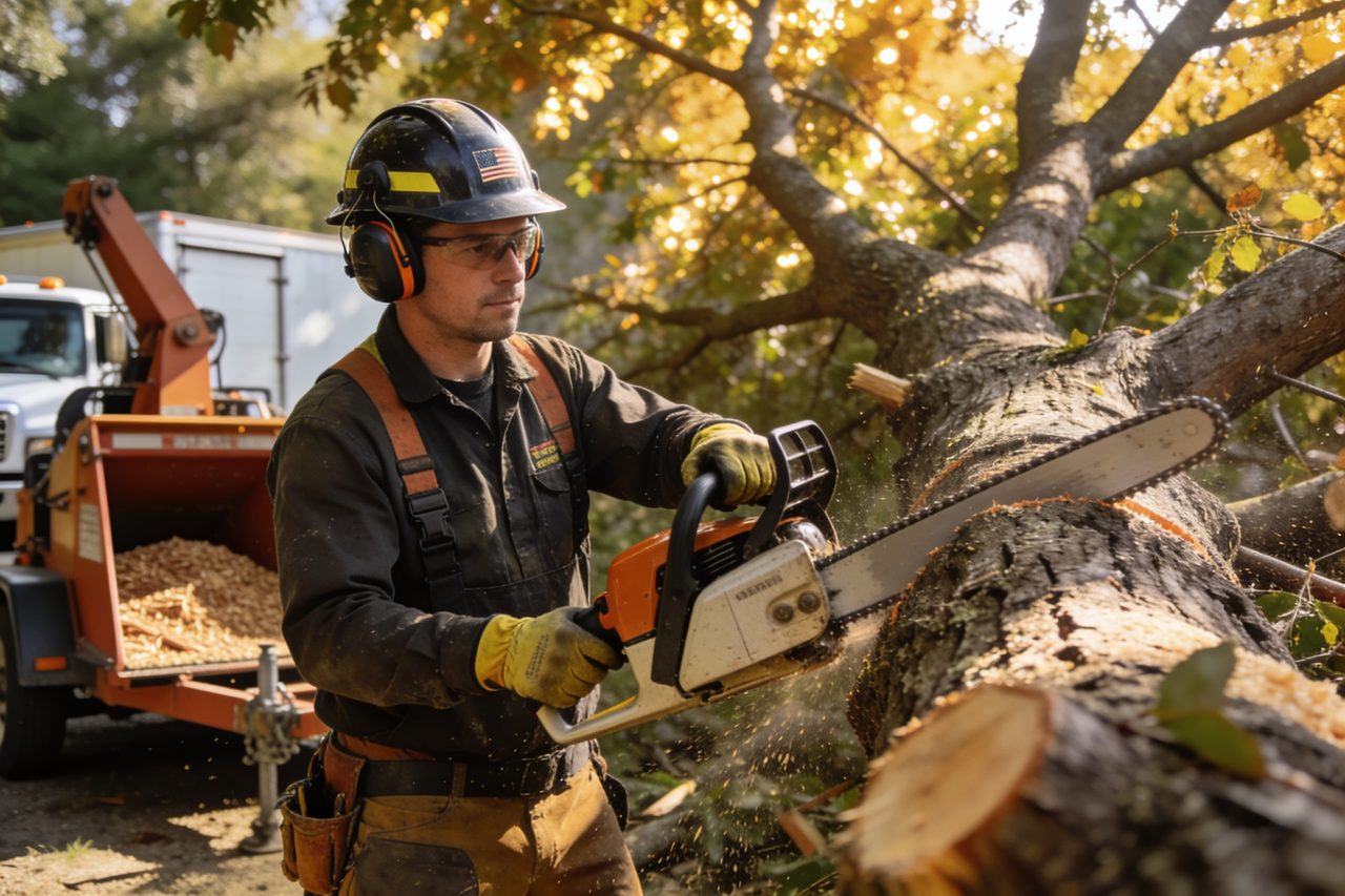 Tree service crew operating a bucket truck and feeding limbs into a wood chipper at a residential job site