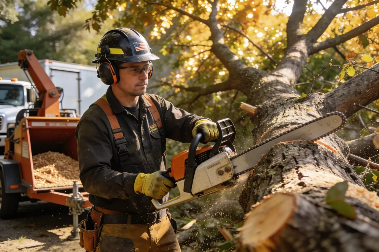 Tree service owner cutting a tree with a chainsaw