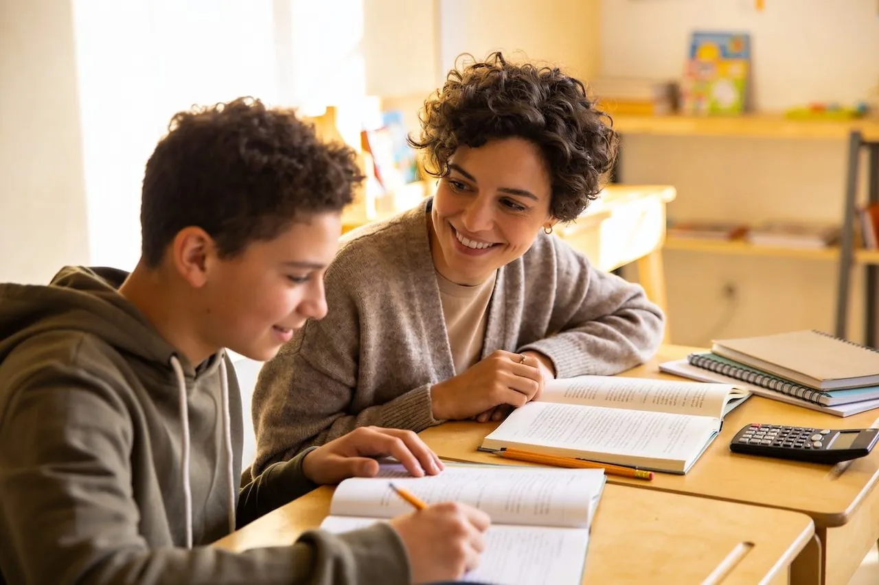 Tutor helping a student with schoolwork at a tutoring center table
