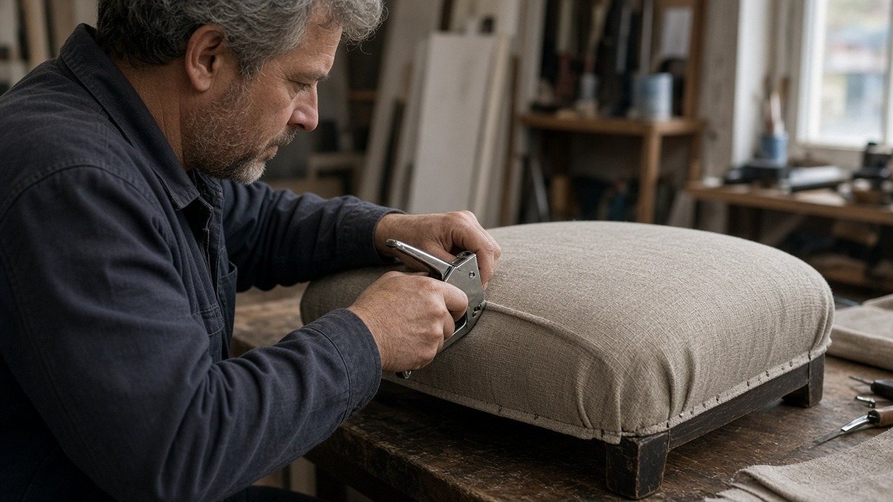 Upholsterer in a workshop using a hand stapler to fasten oatmeal linen fabric over a padded footstool frame