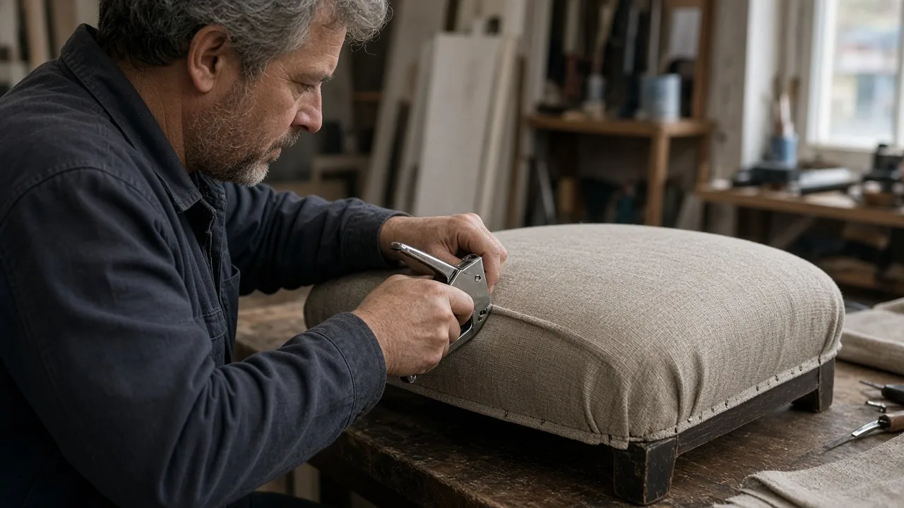Upholsterer in a workshop using a hand stapler to fasten oatmeal linen fabric over a padded footstool frame