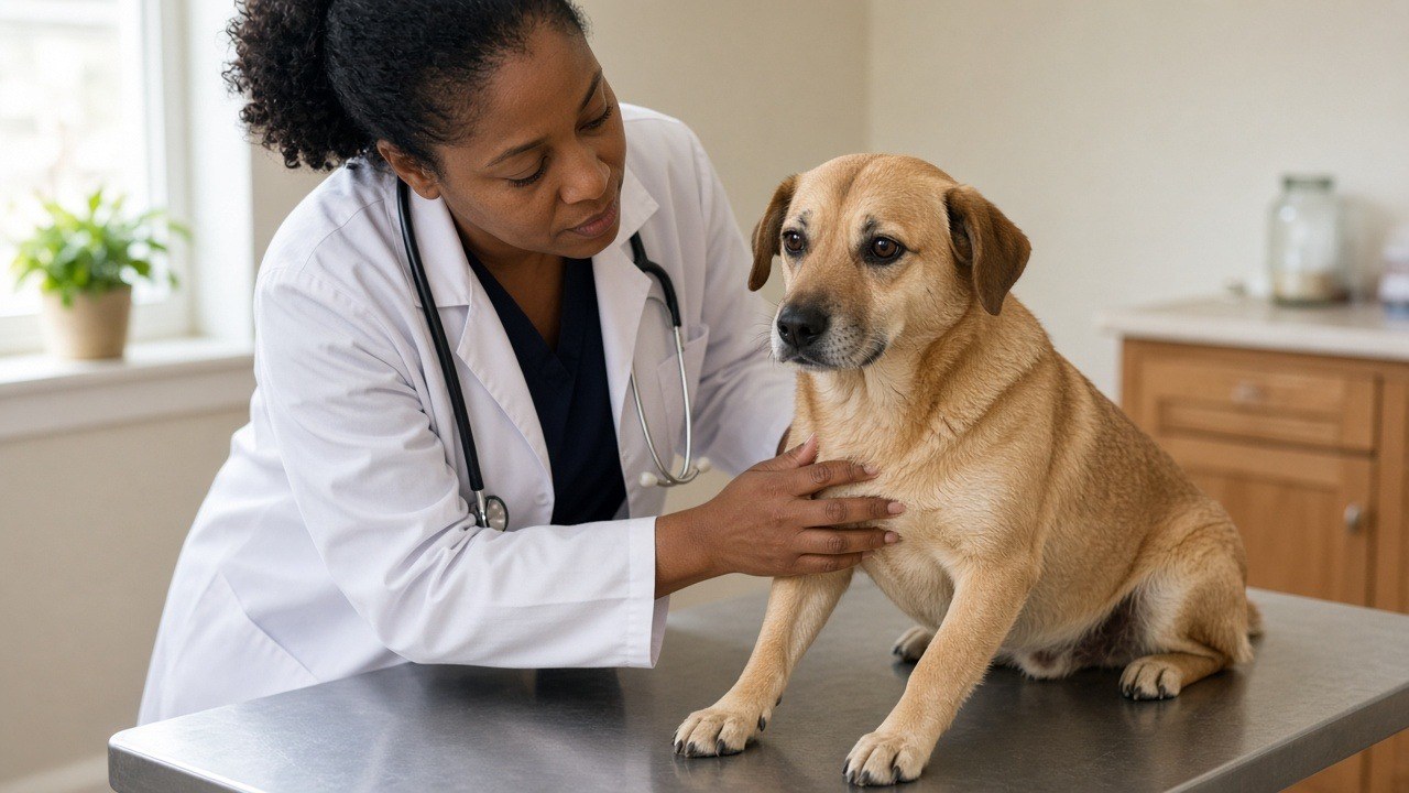 Veterinarian examining a dog on a steel exam table