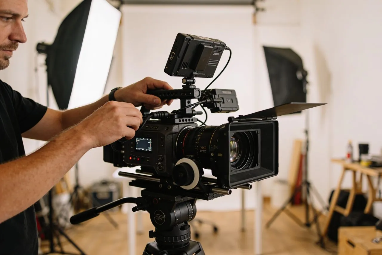 Videographer setting up a cinema camera on a tripod in a studio