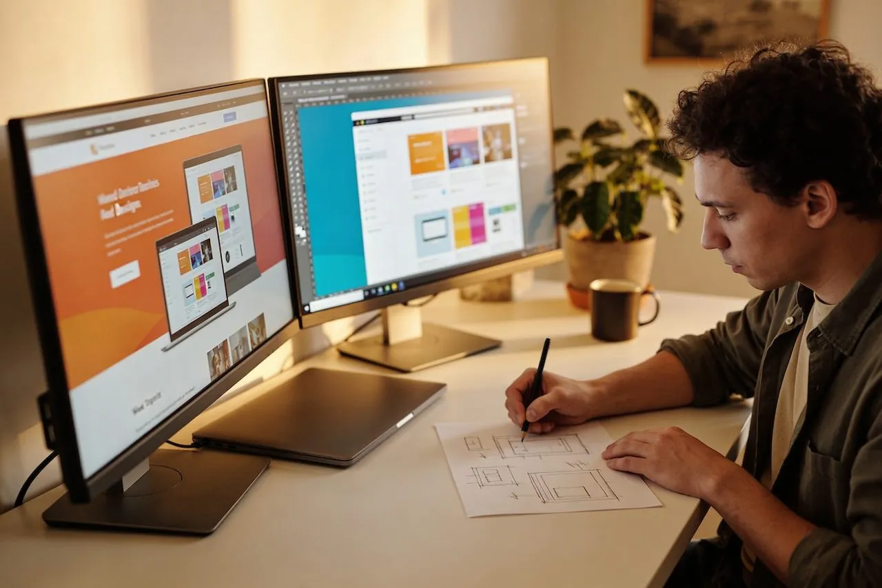 Web designer sketching a layout beside dual monitors in a home office
