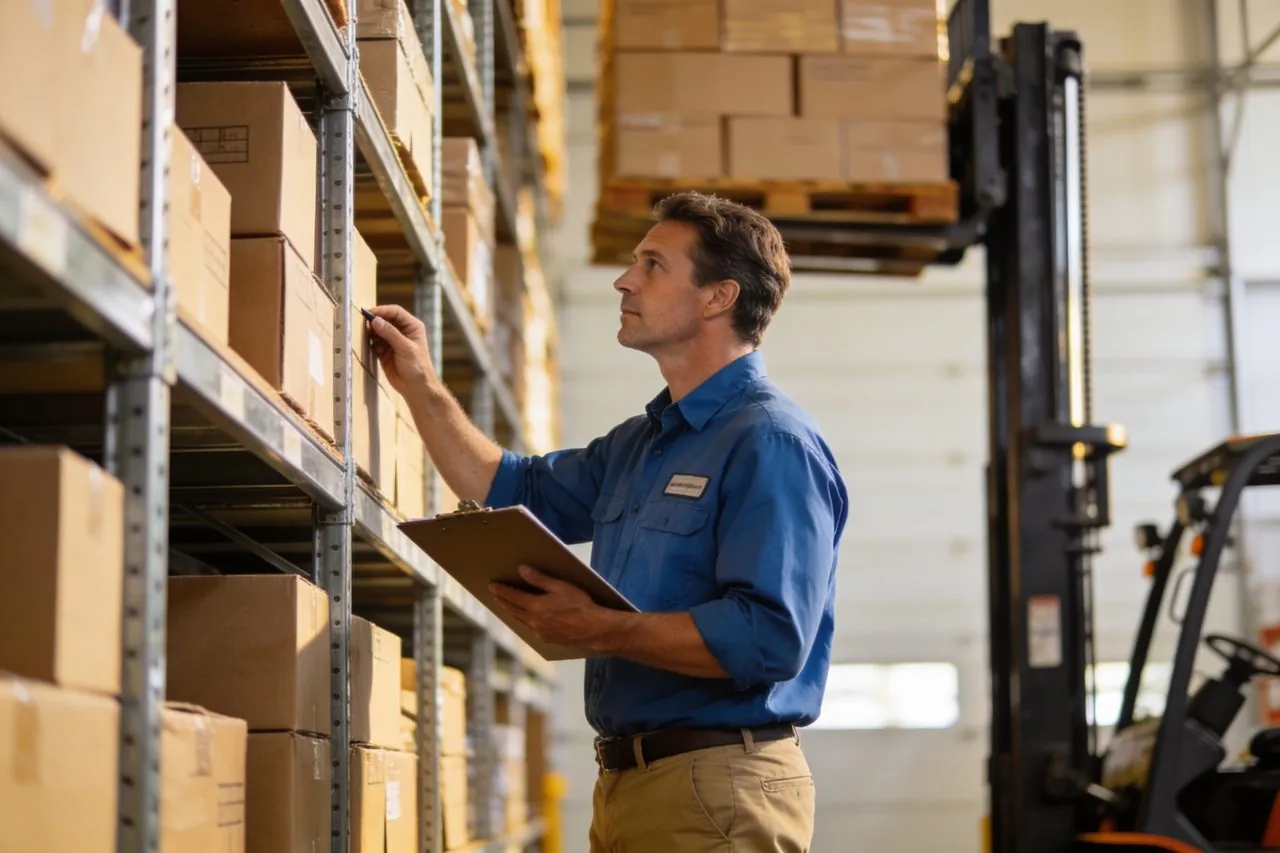 Wholesale distributor checking inventory on warehouse shelving