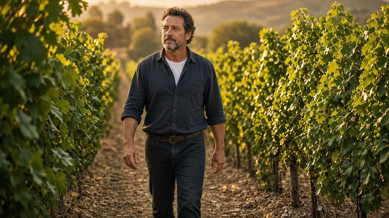 Winery owner walking between rows of grapevines at golden hour