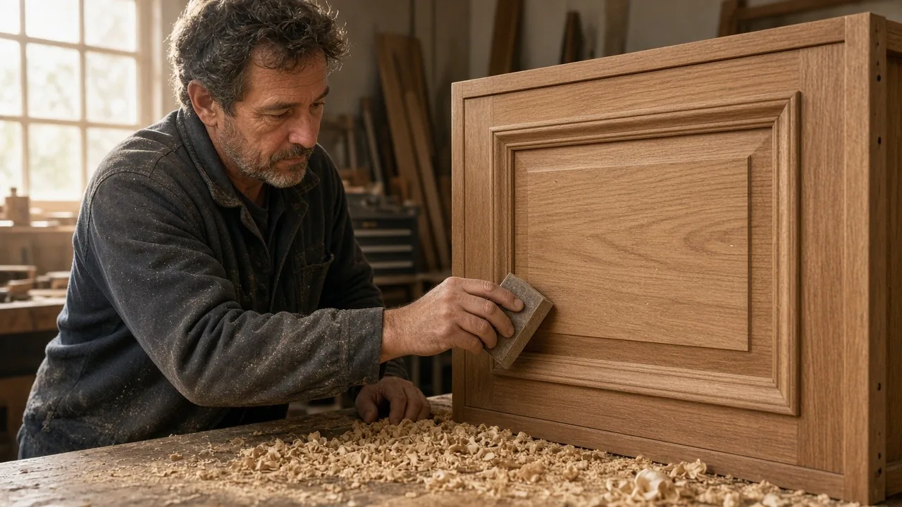 Woodworker hand-sanding a raised-panel oak cabinet door at a workbench covered in wood shavings