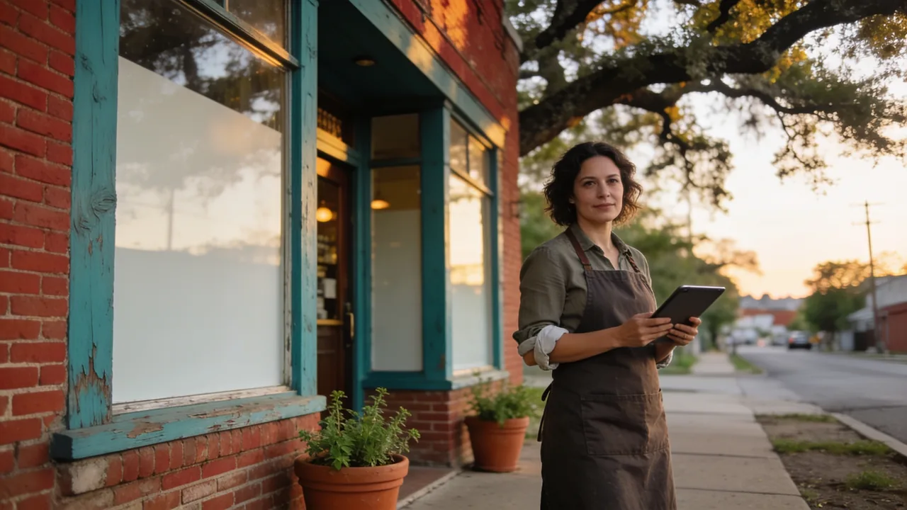 Small-business owner in an apron standing outside her brick corner coffee shop on a tree-lined East Austin street at golden hour