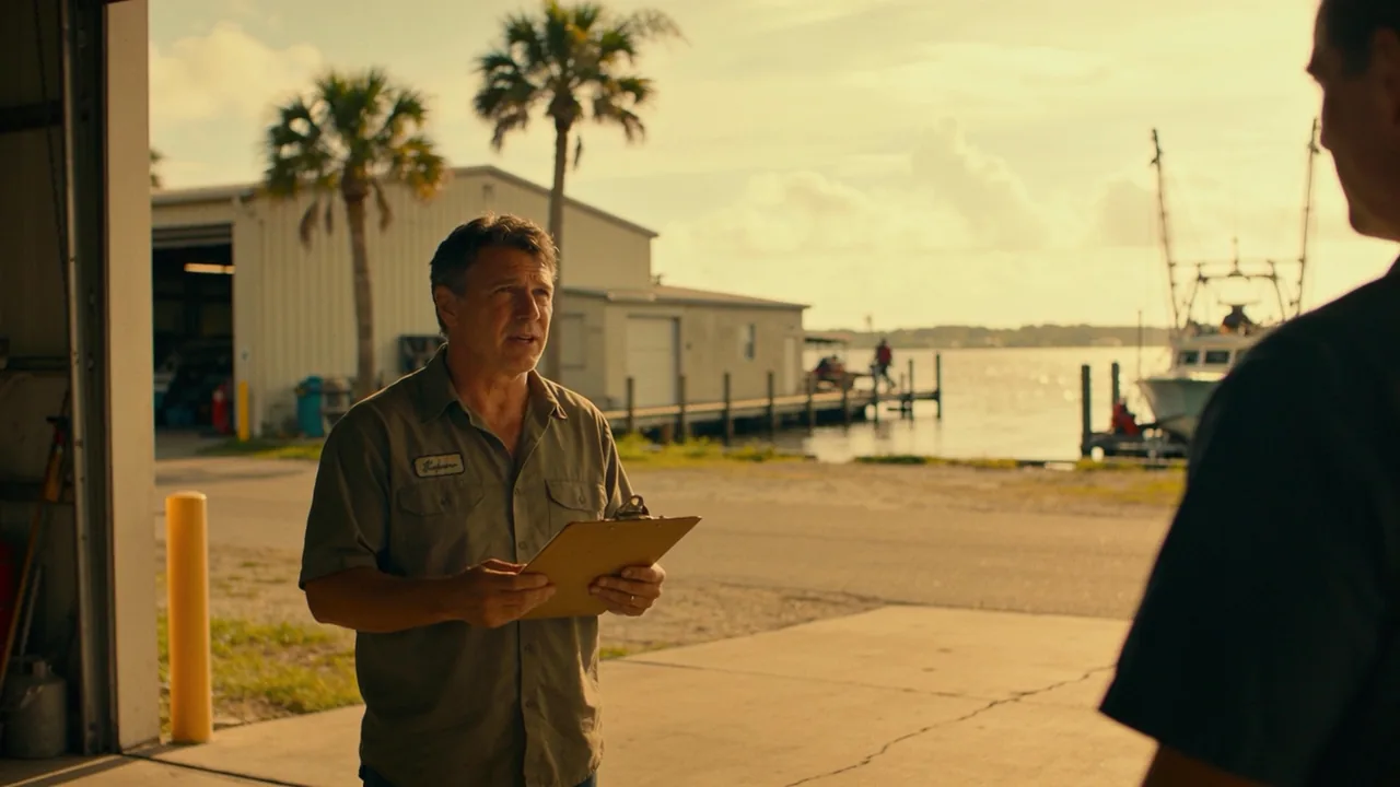 Small-business owner holding a clipboard outside his marine repair shop near the water in Jacksonville, Florida, with palms and a dock behind him
