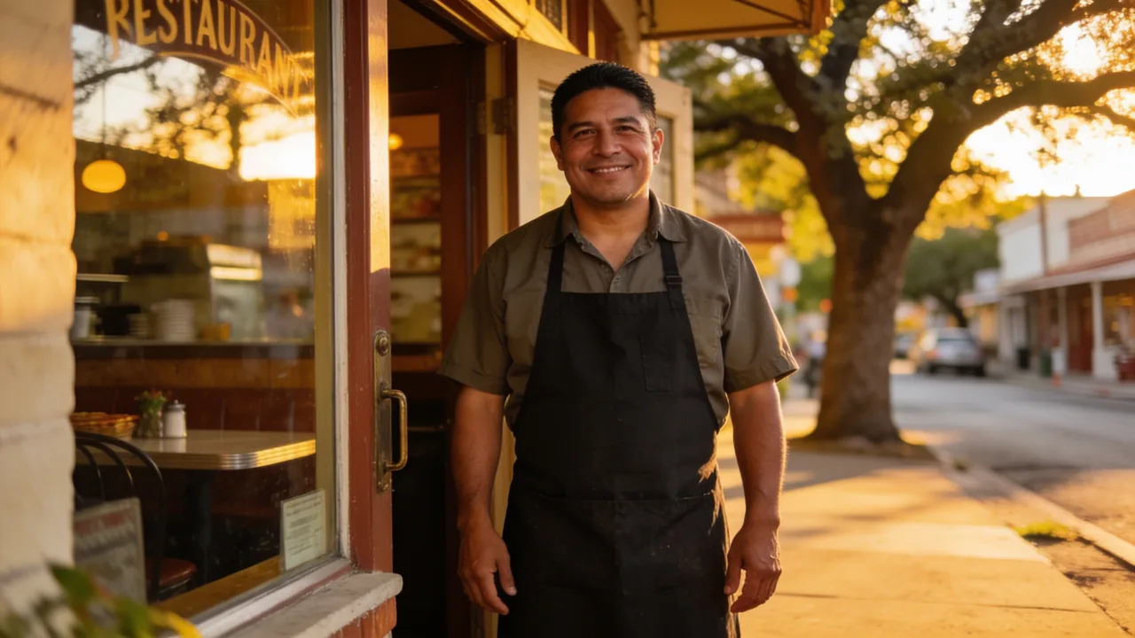 Restaurant owner standing in the doorway of his family restaurant on a San Antonio street at golden hour