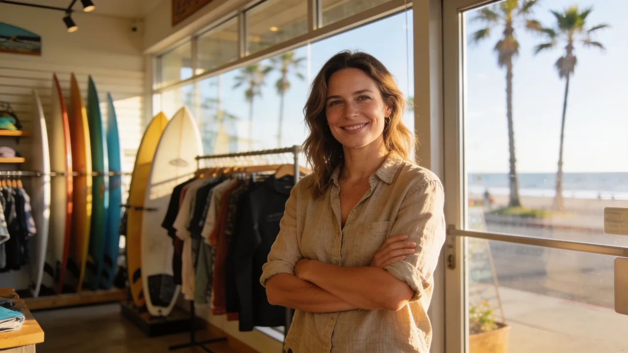Small business owner standing in her coastal San Diego surf and outdoor gear shop with the beach visible through the window