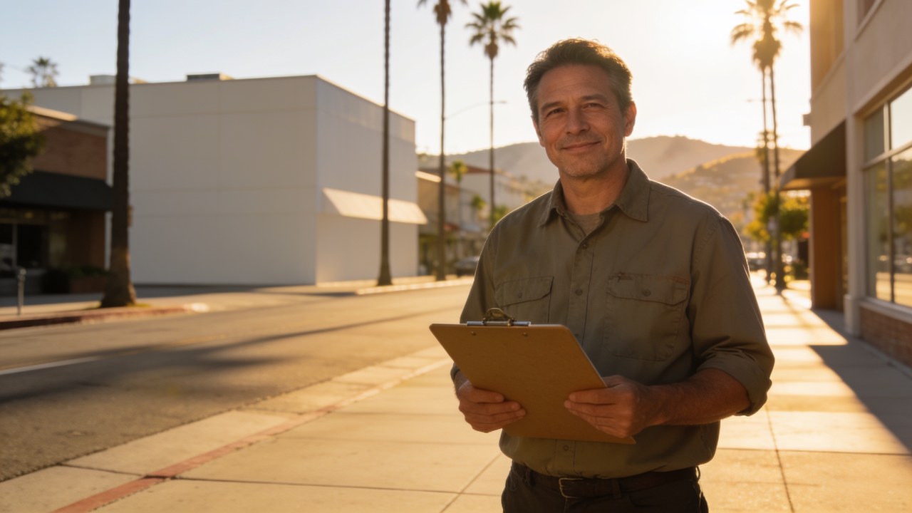Small-business owner holding a clipboard on a sunlit downtown San Jose sidewalk with palm trees and hills behind him