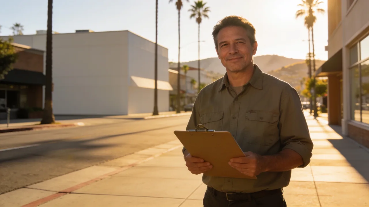 Small-business owner holding a clipboard on a sunlit downtown San Jose sidewalk with palm trees and hills behind him