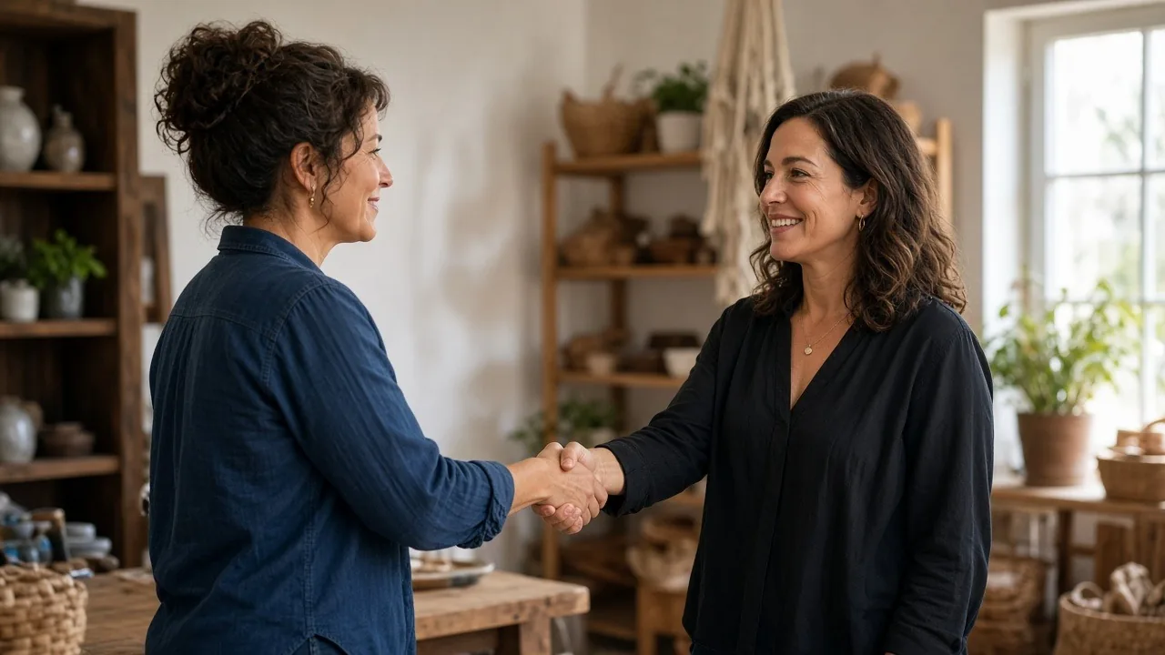 Two business owners shaking hands inside a small shop during a handover