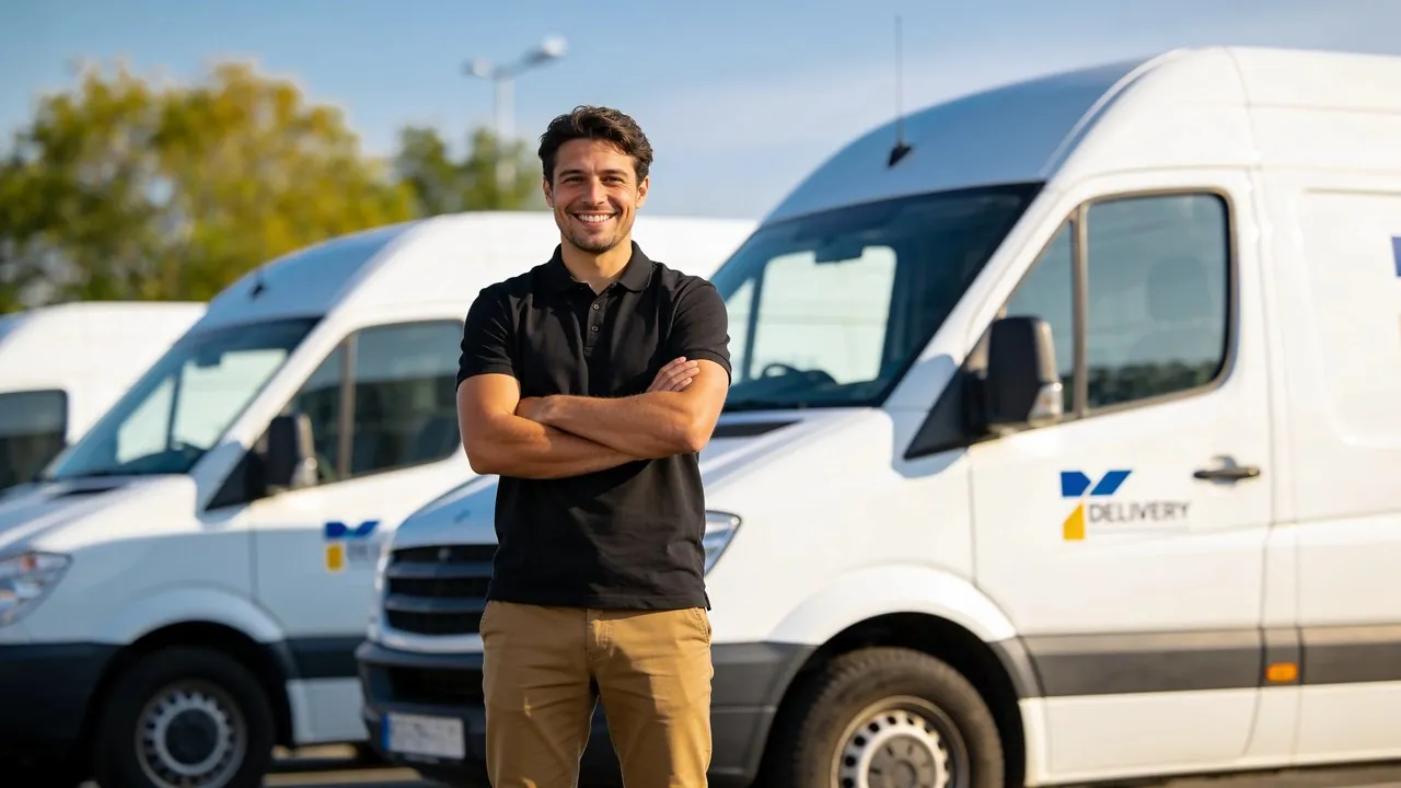 Row of work vans and trucks parked outside a business - business funding to build a fleet of vehicles