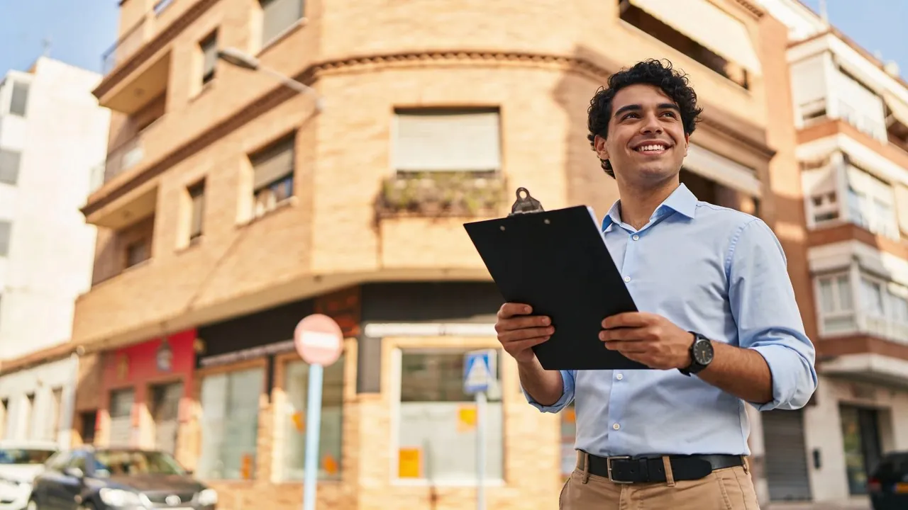 Real estate broker showing a property listing to clients outside a home - real estate agency business funding for marketing and growth