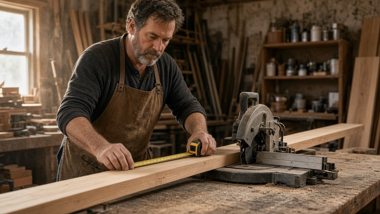 Woodshop owner measuring a board beside a miter saw