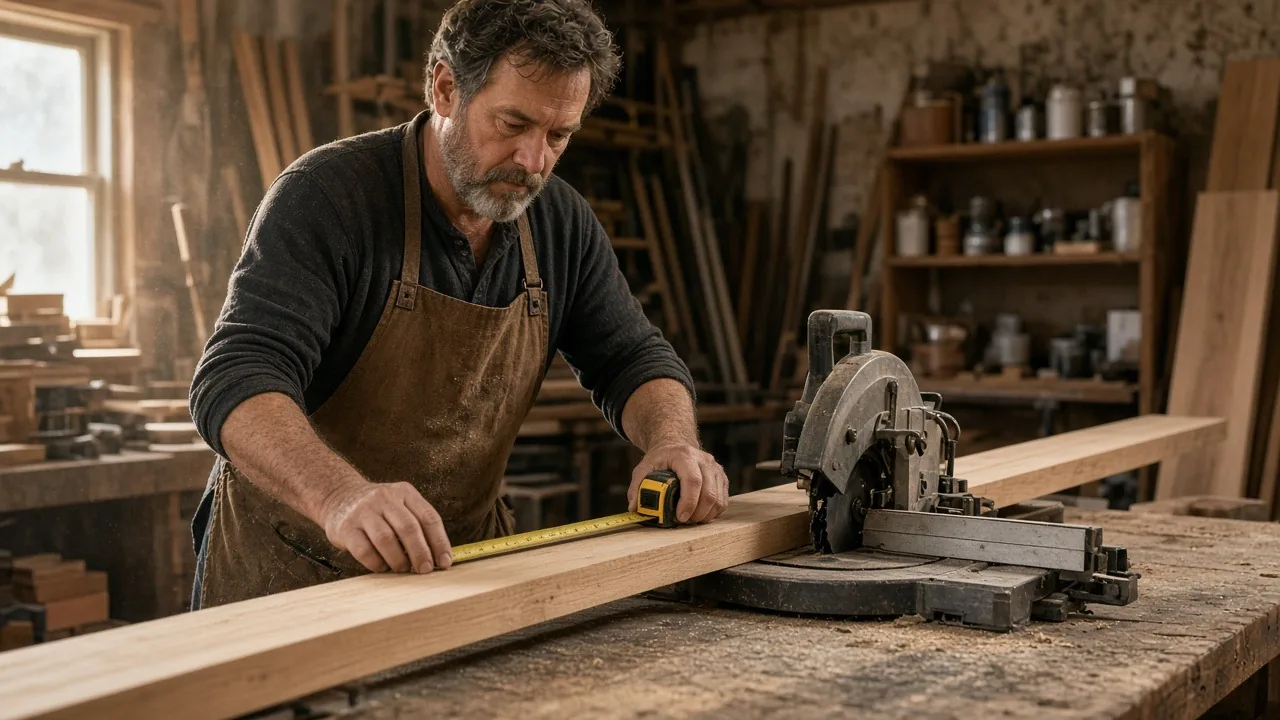 Woodshop owner measuring a board beside a miter saw