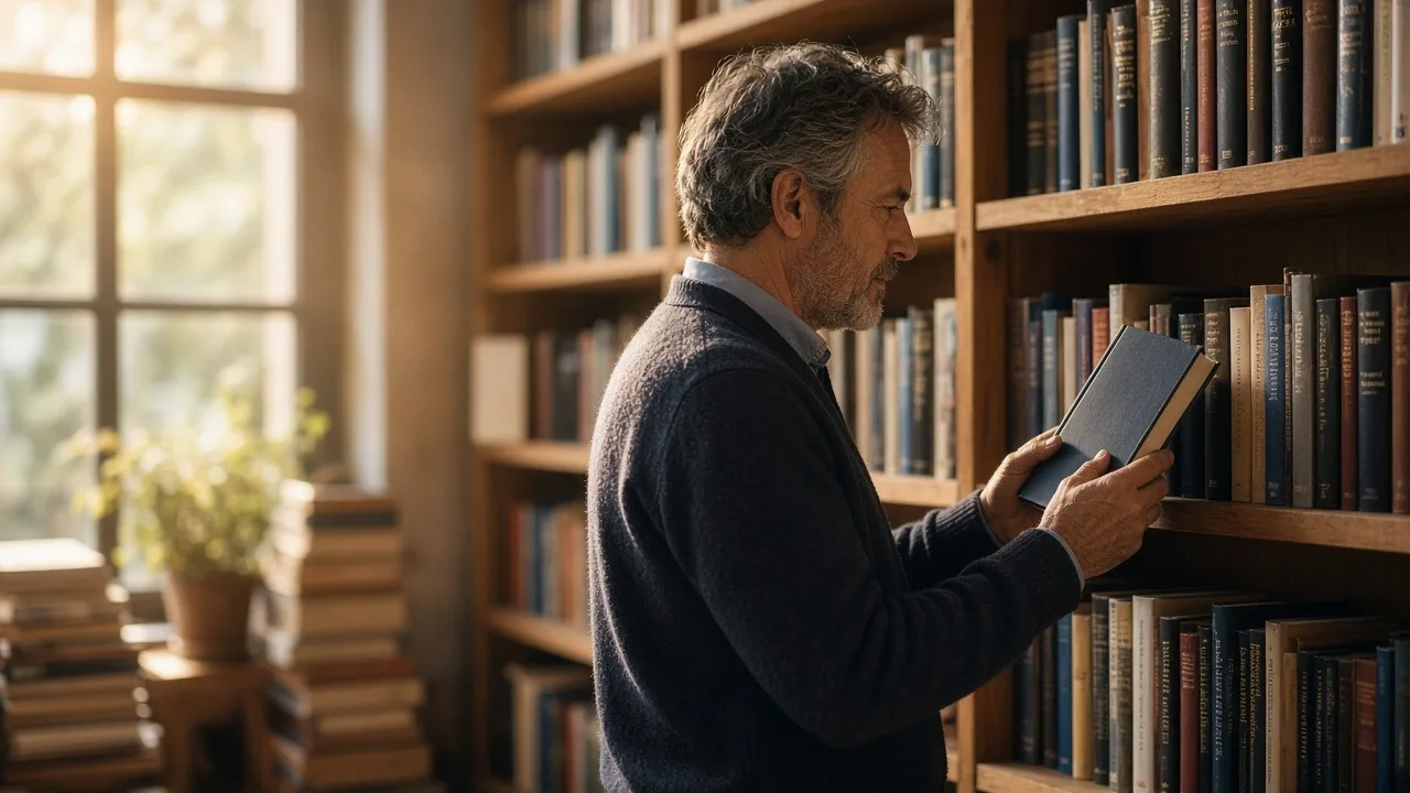 Bookstore owner stocking new inventory on wooden shelves