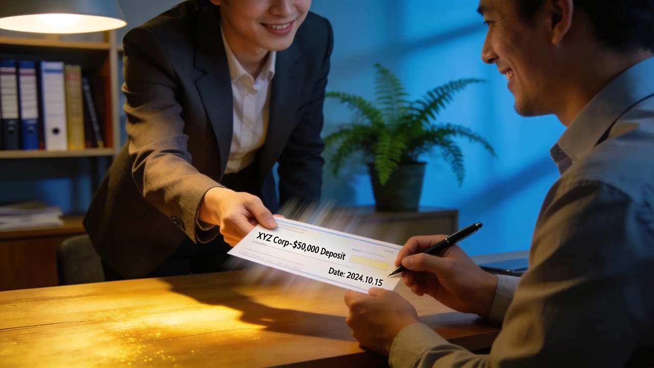 Business owner reviewing a purchase agreement and down payment terms at a desk - business funding to cover a down payment