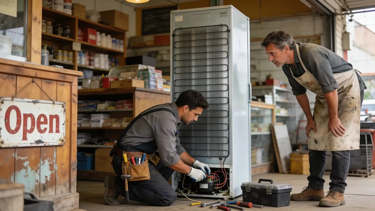 Technician repairing broken commercial equipment while a business owner looks on - business funding to cover emergency repairs.