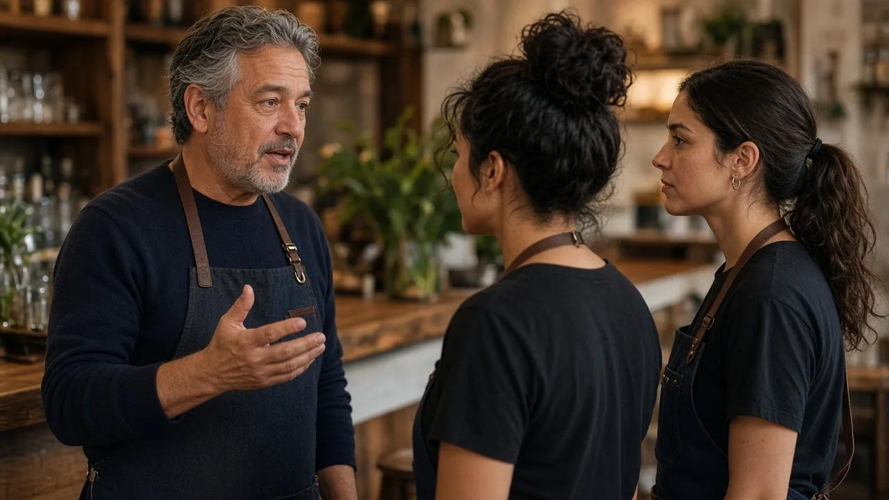 Restaurant owner in an apron briefing two staff members before a shift