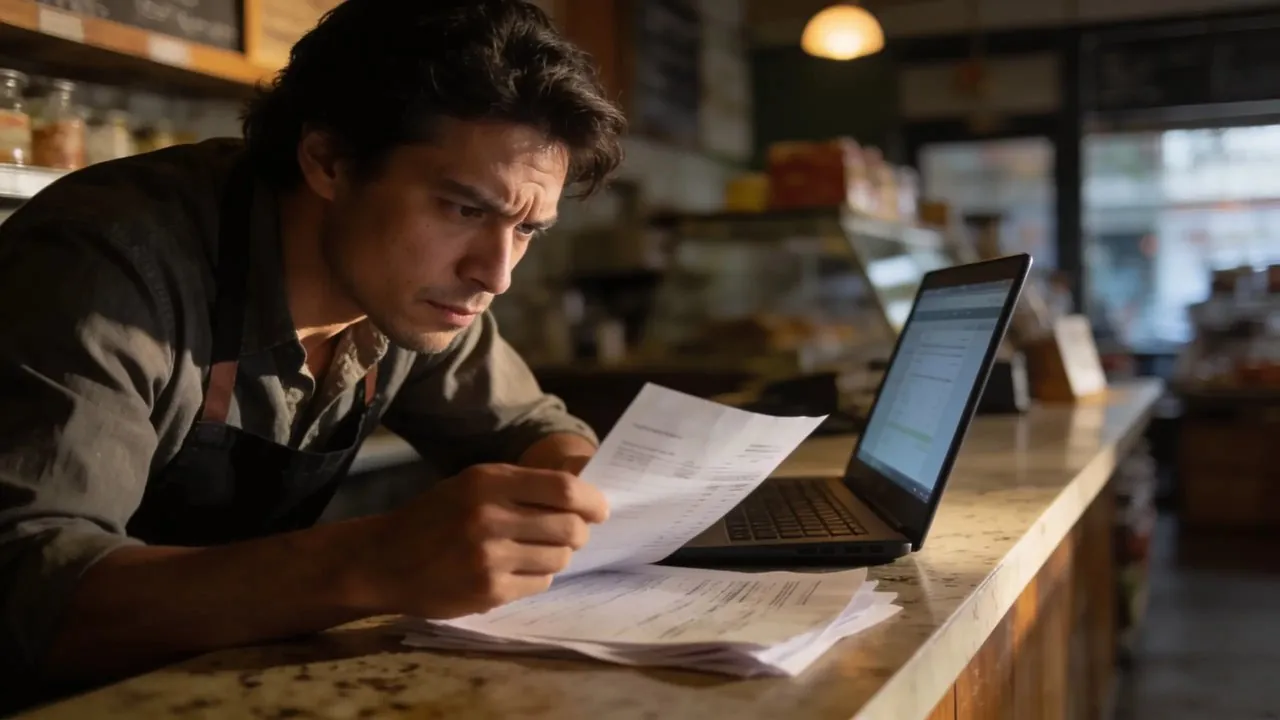 Small business owner reviewing finances at a desk during a slow month - business funding to get through a rough month