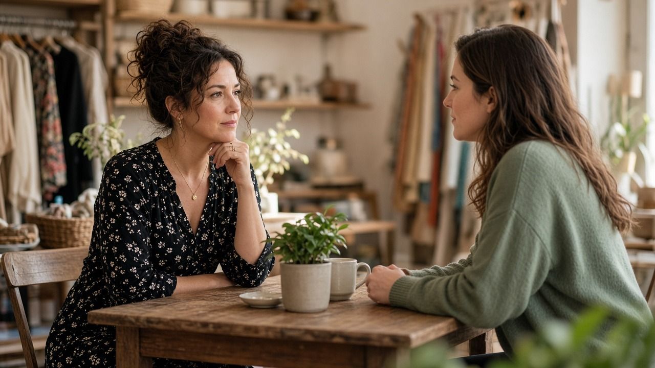 Boutique owner interviewing a job candidate at a small table in her store
