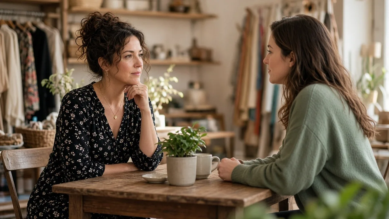 Boutique owner interviewing a job candidate at a small table in her store