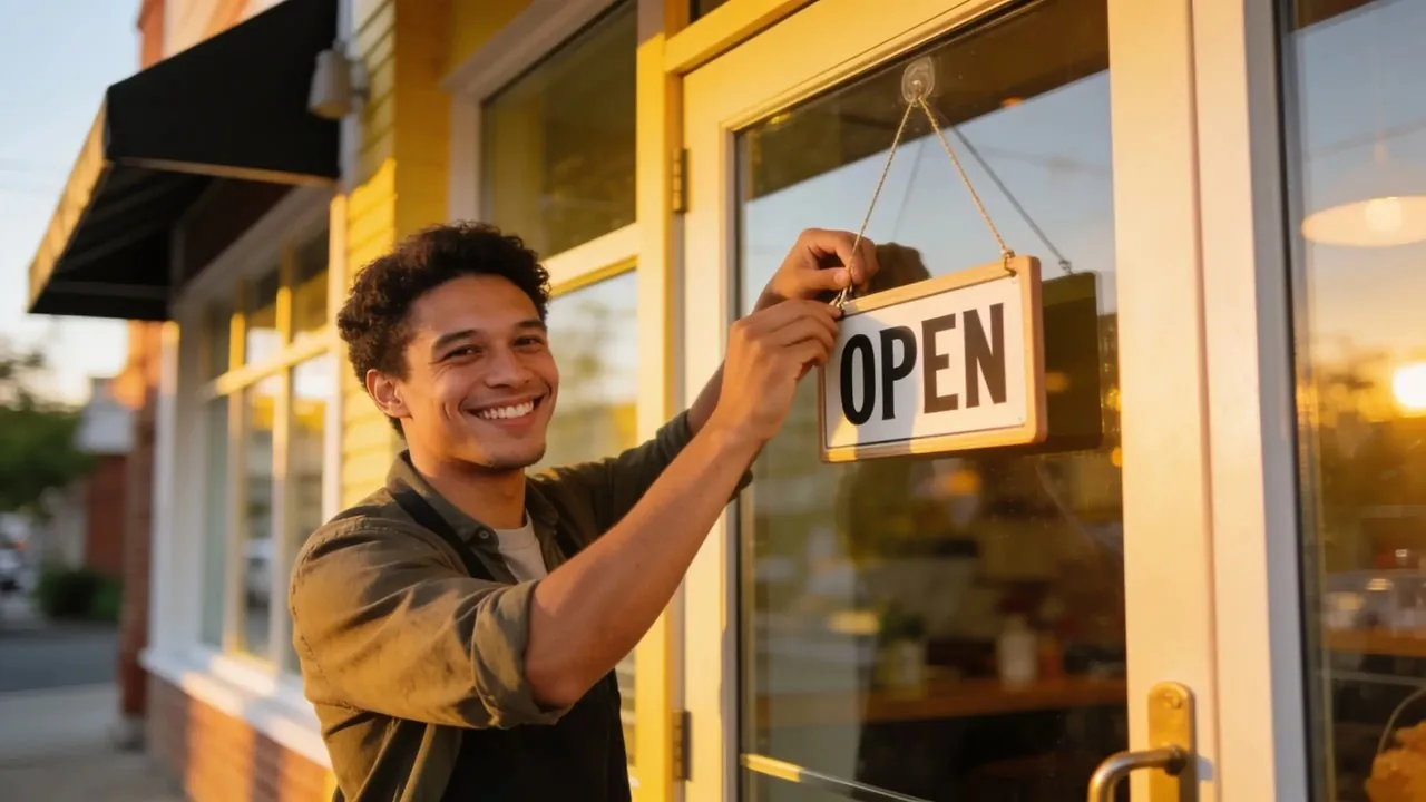 Small business owner unlocking the door of a new shop on opening day - business funding to open a new business