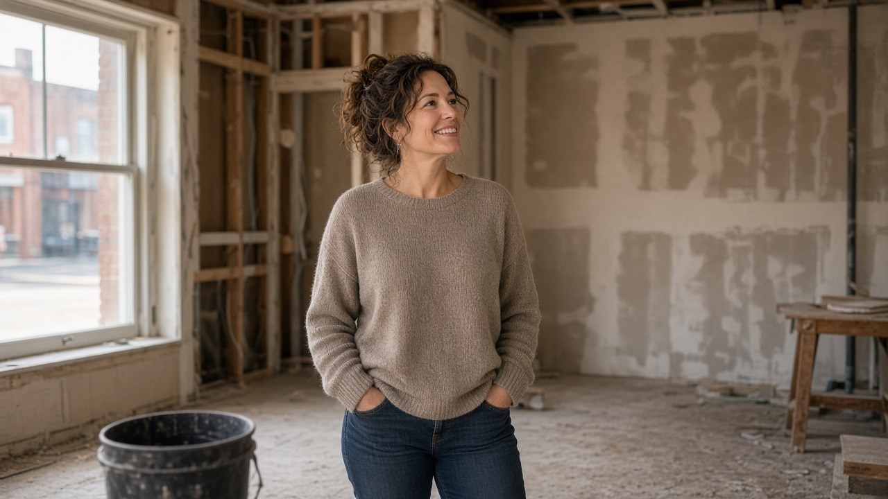 Business owner smiling inside an empty storefront under renovation for a new location