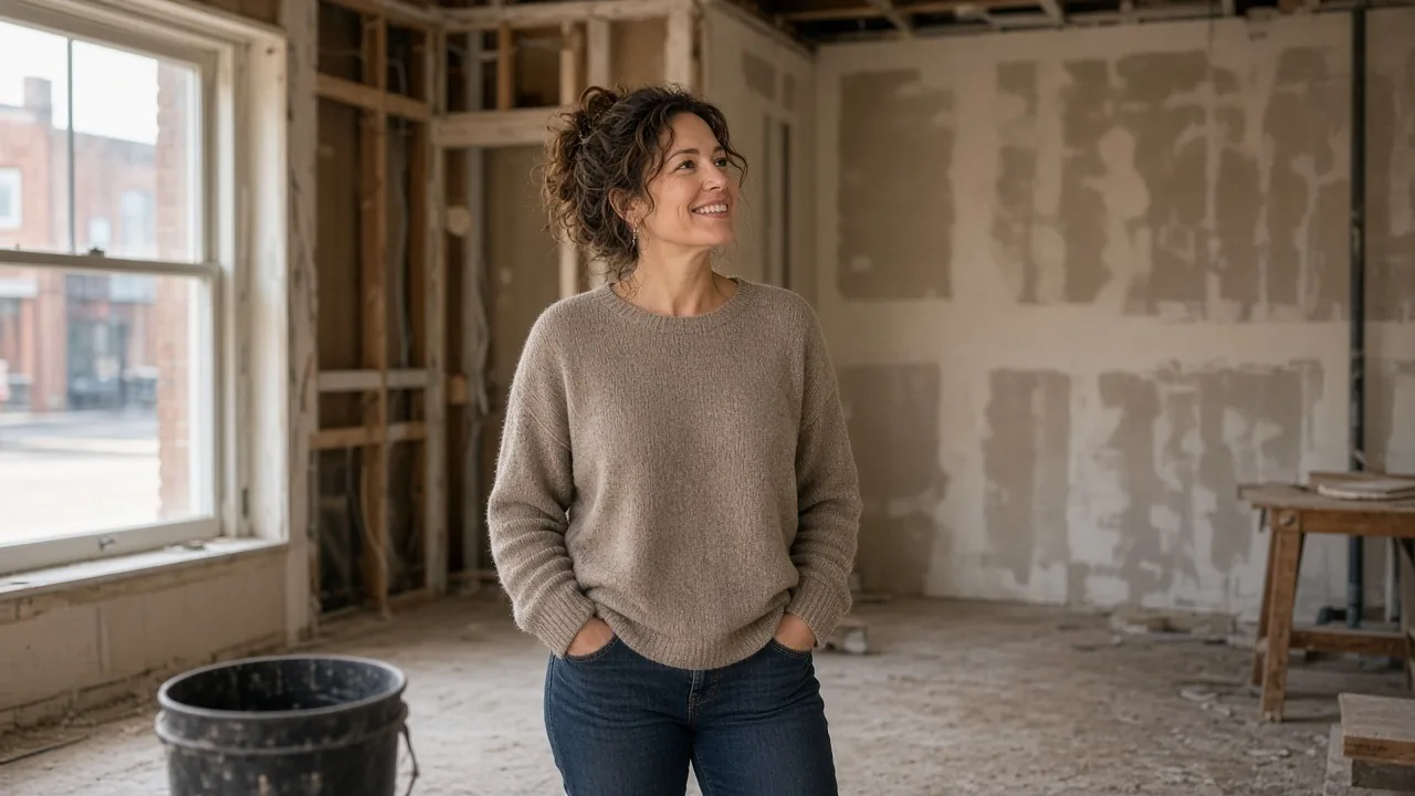 Business owner smiling inside an empty storefront under renovation for a new location