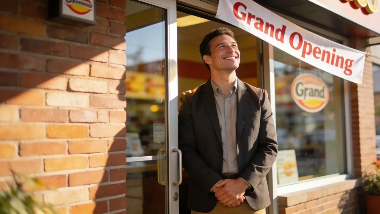 New franchise owner signing paperwork at the counter of a freshly opened location - business funding to pay a franchise fee.