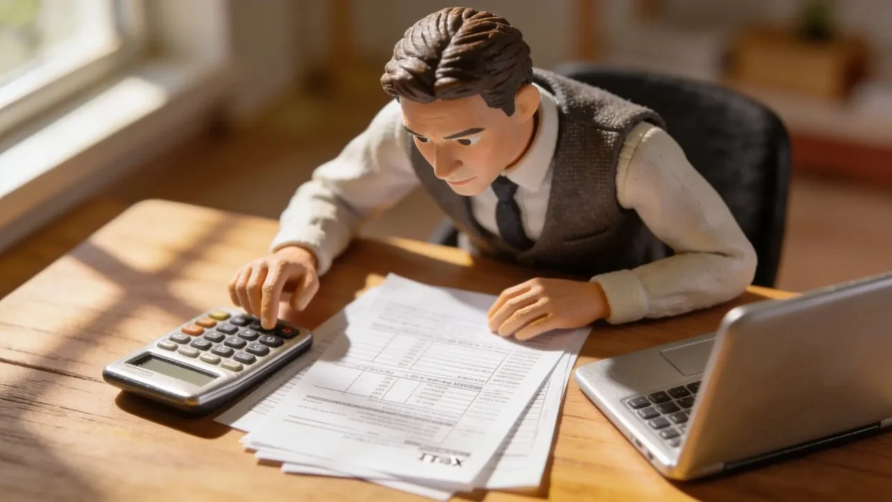 Business owner reviewing a tax notice with a calculator and laptop at a desk - business funding to pay a tax bill