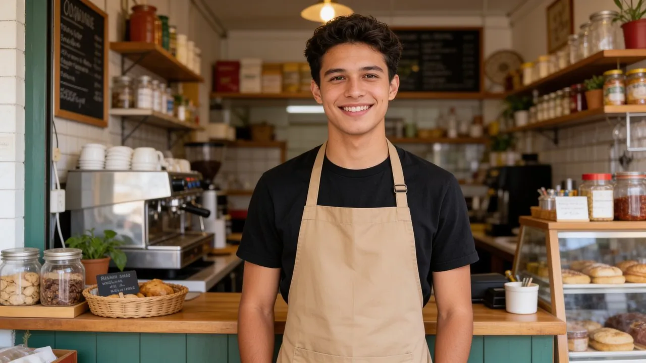 New shop owner reviewing three months of bank statements on a laptop at the counter - business funding with 3 months in business.