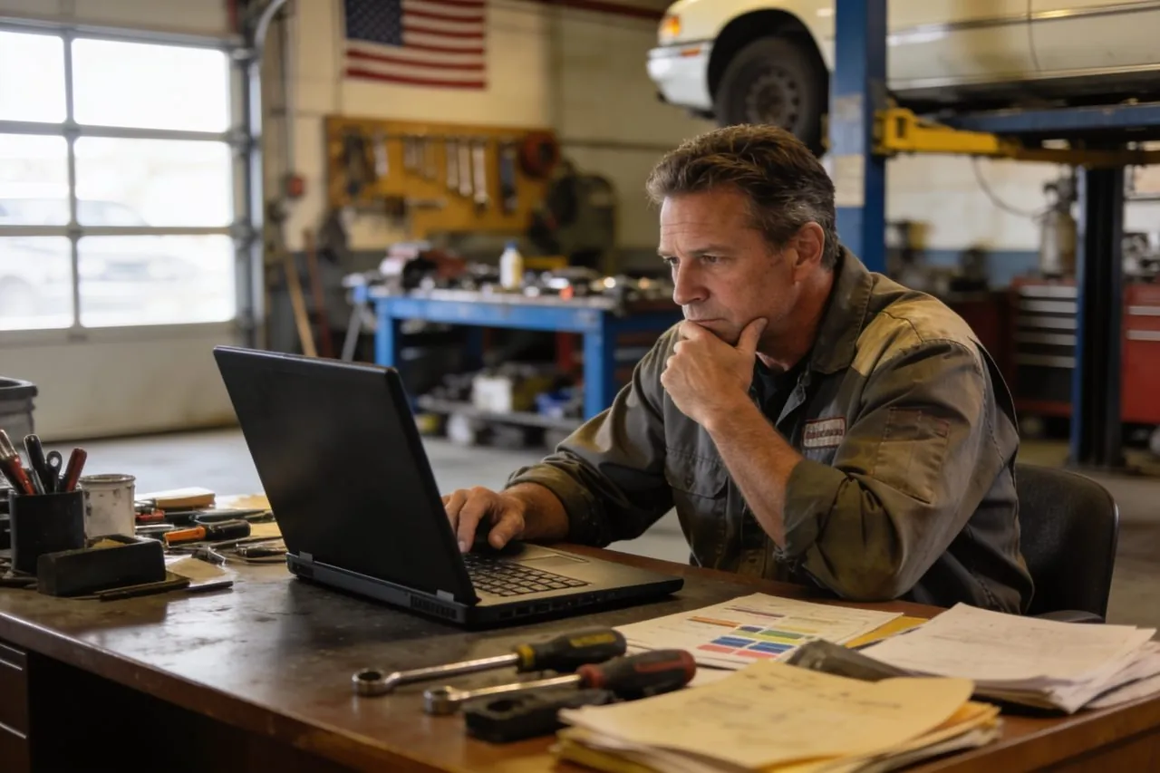 Auto repair shop owner reviewing funding options on a laptop in his garage